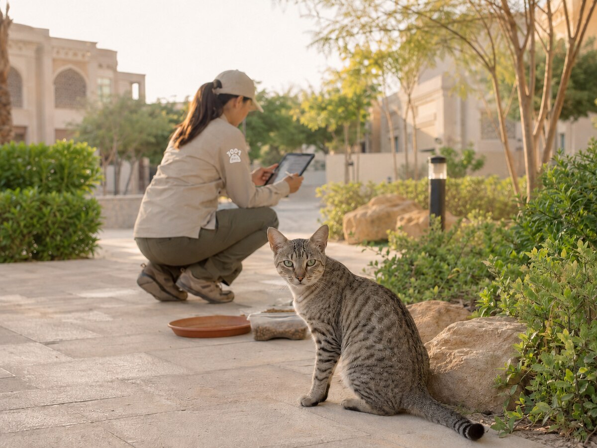 1001 Paws field worker assessing a community cat site in the UAE